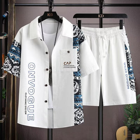 Black Suit men's Summer Two-Piece Set Lapel Shirt and Shorts