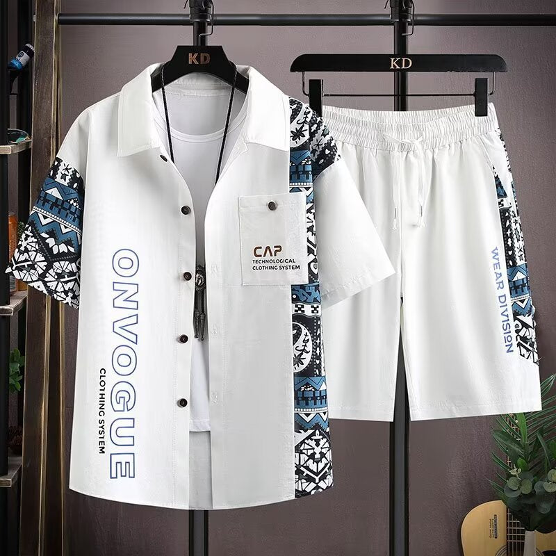 Black Suit men's Summer Two-Piece Set Lapel Shirt and Shorts