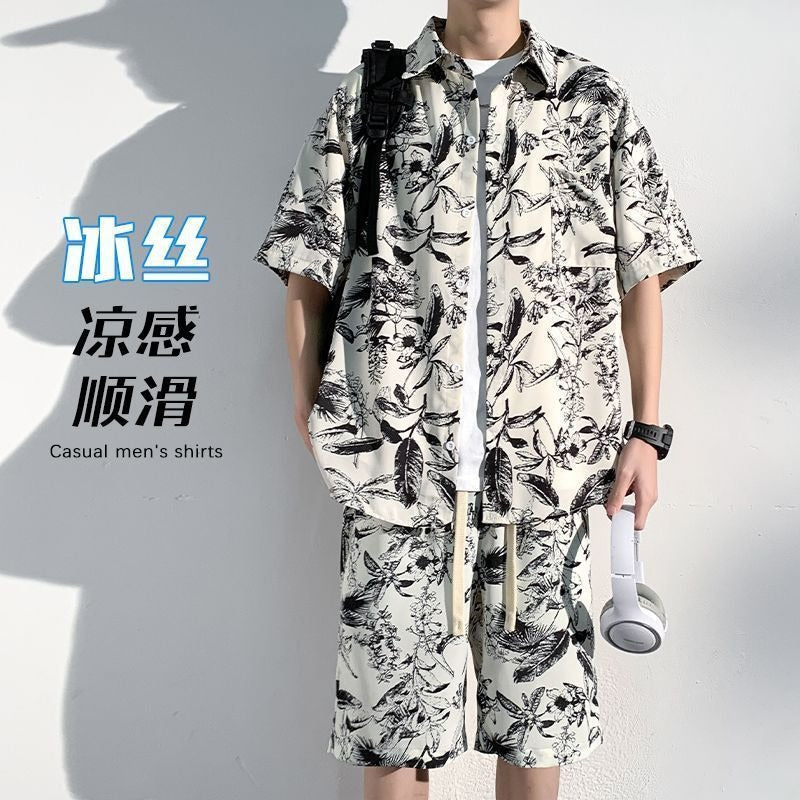 Black Suit men's Ice Silk Floral Shirt and Shorts Beach Two-Piece Set
