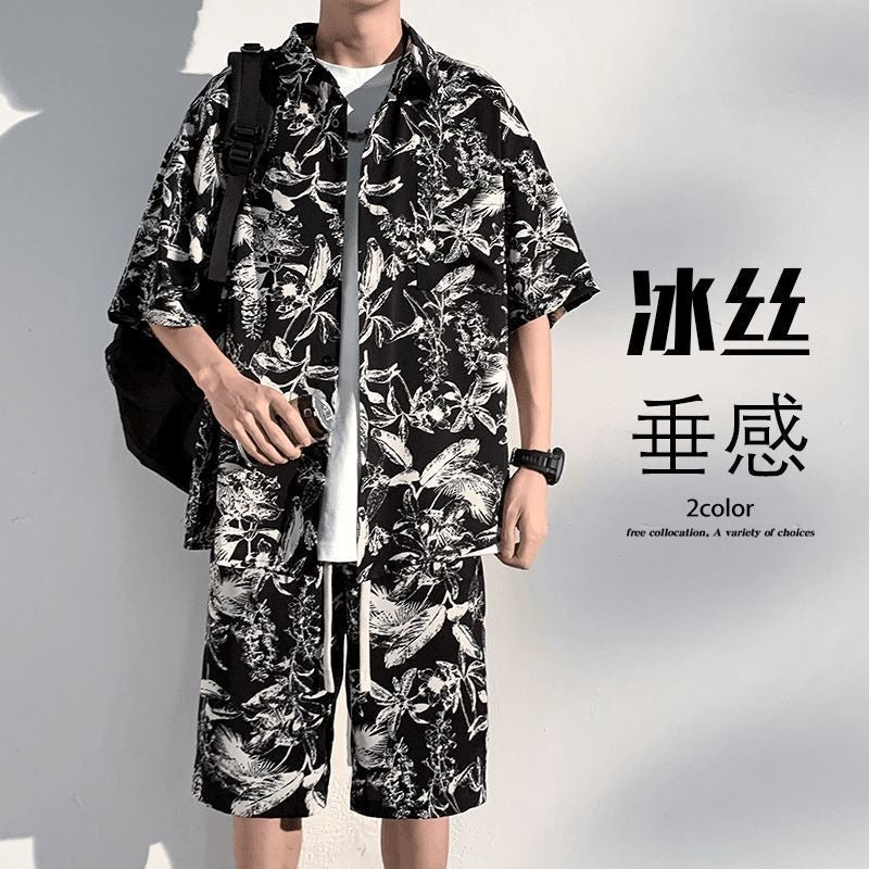 Men's Ice Silk Floral Shirt and Shorts Beach Two-Piece Set