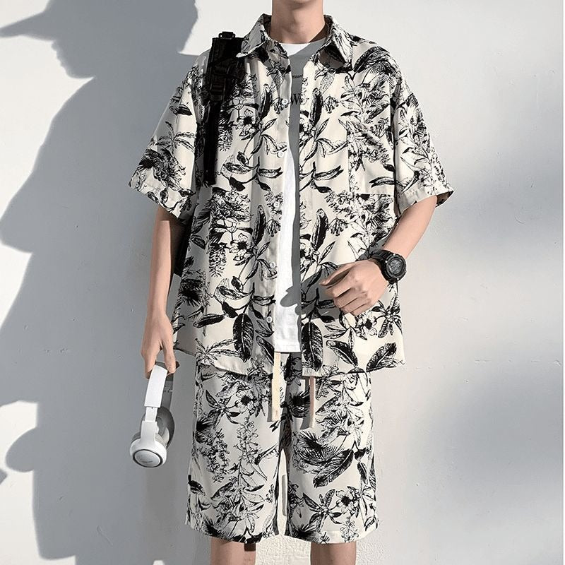 Black Suit men's Ice Silk Floral Shirt and Shorts Beach Two-Piece Set