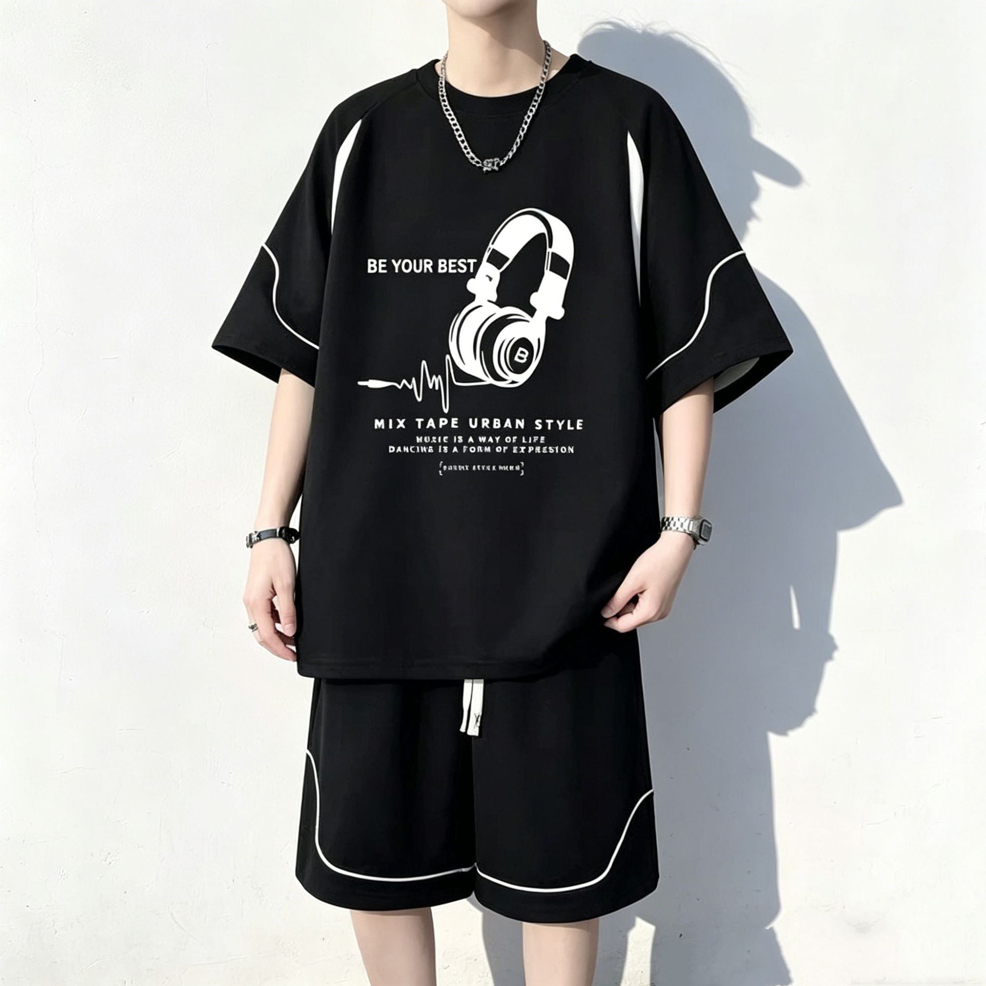White Suit men's Ice Silk Summer Sports T-Shirt and Shorts Set