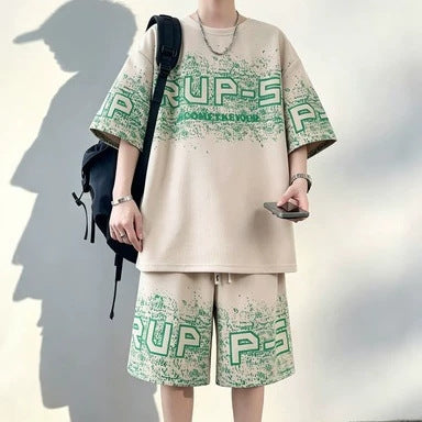 Black Suit [Short Sleeves + Shorts] men's Loose Fit Summer Sports T-Shirt and Shorts Set