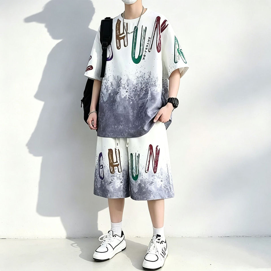 Grey men's Ice Silk Gradient T-Shirt and Shorts Set