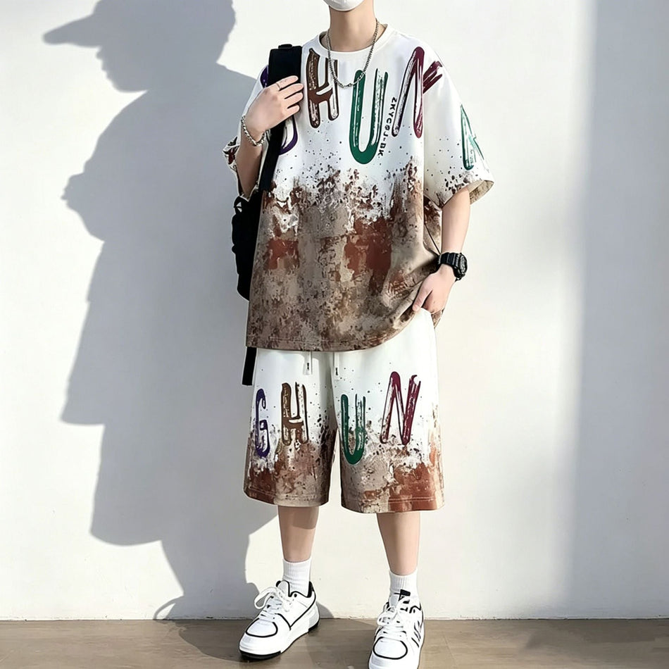 Men's Ice Silk Gradient T-Shirt and Shorts Set