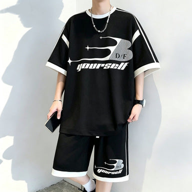Black Suit [Short Sleeves + Shorts] men's Loose Fit Sports T-Shirt and Shorts Set Plus Size