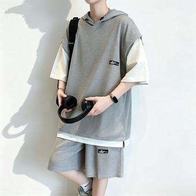 Black Suit men's Waffle Texture Faux Two-Piece Hooded T-Shirt Set