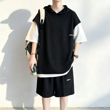 Men's Waffle Texture Faux Two-Piece Hooded T-Shirt Set