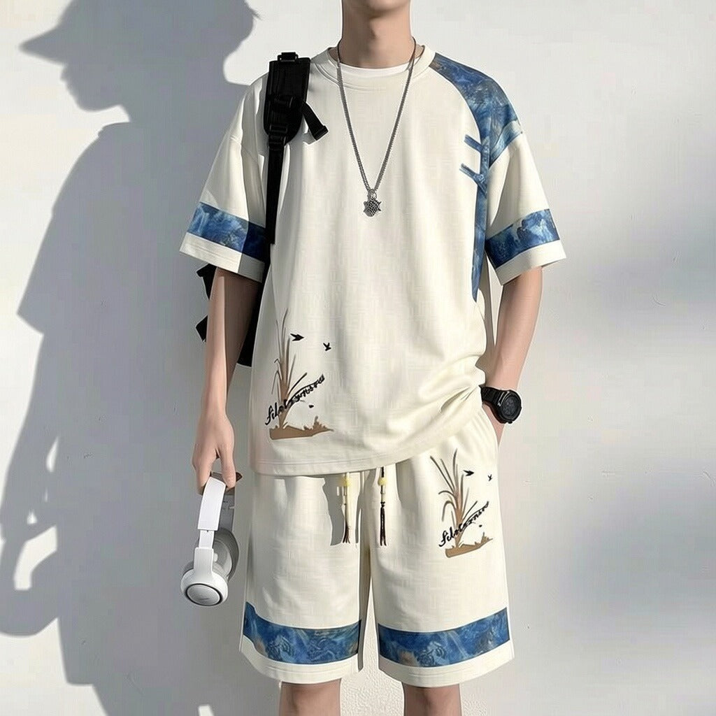 Black Suit [Short Sleeve + Shorts]] men's Loose Fit Summer T-Shirt and Shorts Two-Piece Set
