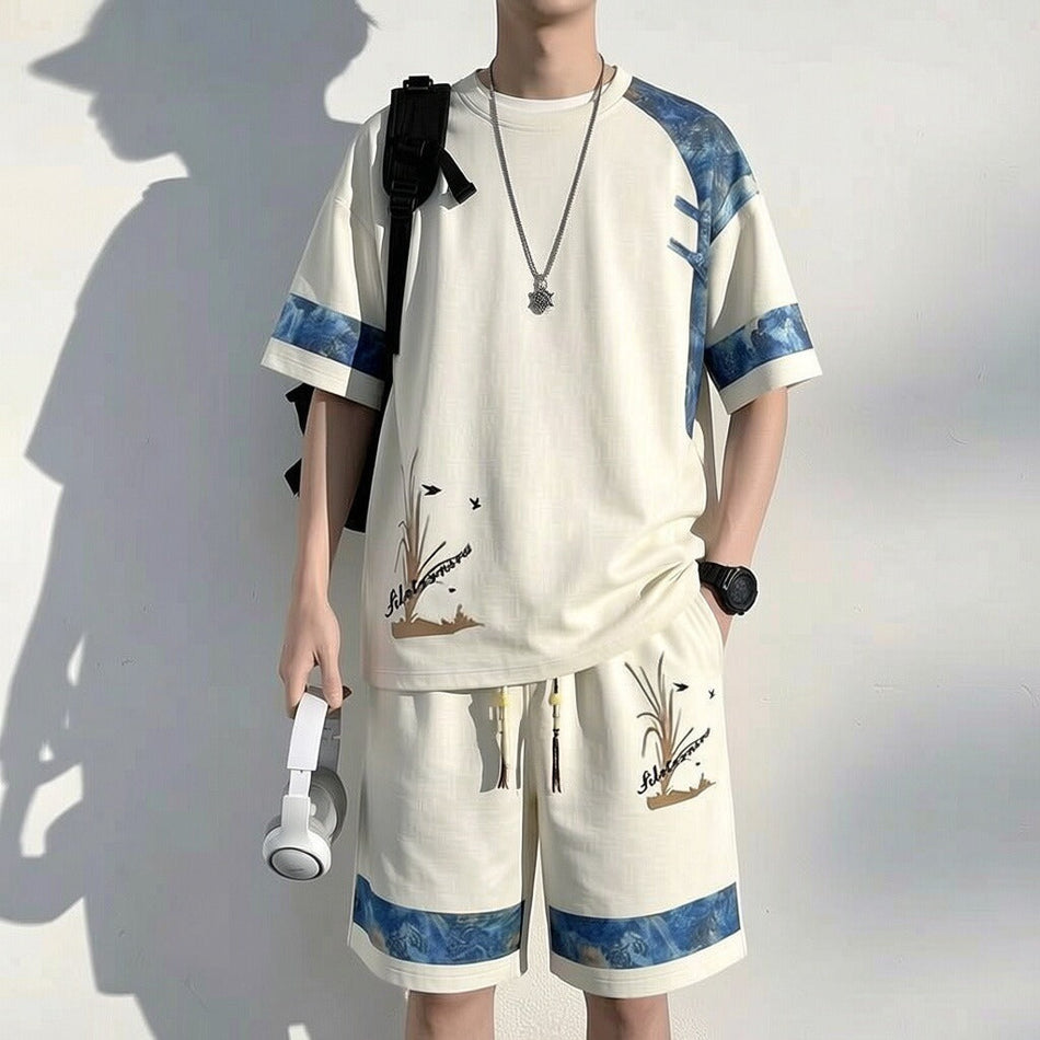 Black Suit [Short Sleeve + Shorts]] men's Loose Fit Summer T-Shirt and Shorts Two-Piece Set
