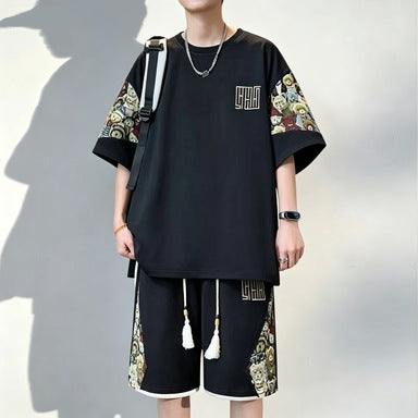 Black Suit men's Chinese Style Loose Fit T-Shirt and Shorts Set