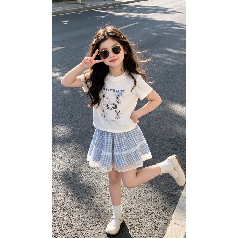 Girls Puppy Print Summer Two-Piece Cotton Skirt Set