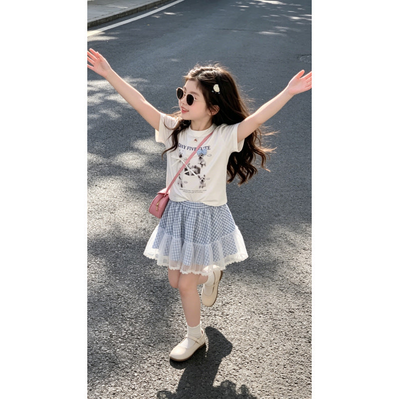 Girls Puppy Print Summer Two-Piece Cotton Skirt Set