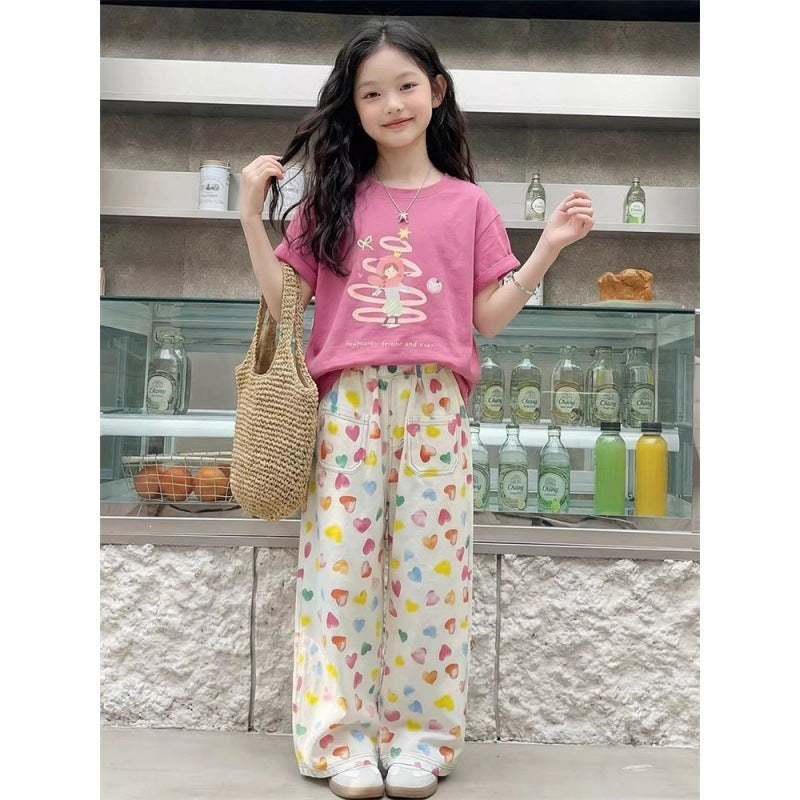 Girls Summer Printed Two-Piece Cotton Pants Set Korean Style