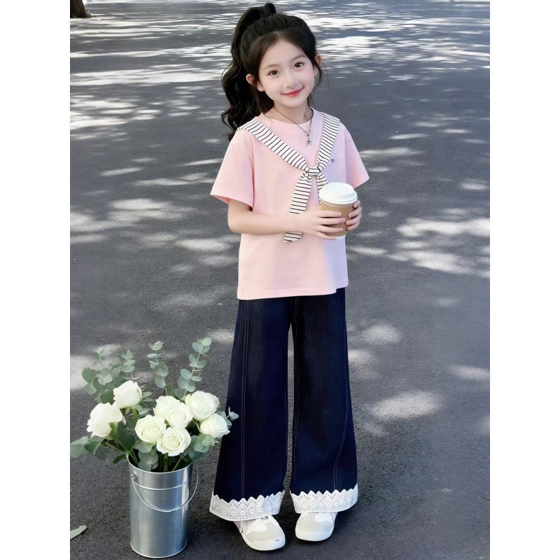 Girls Summer Casual Striped Two-Piece Cotton Pants Set