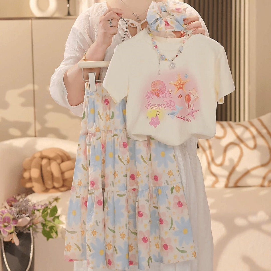 Girls Princess Style Printed Summer Two-Piece Skirt Set
