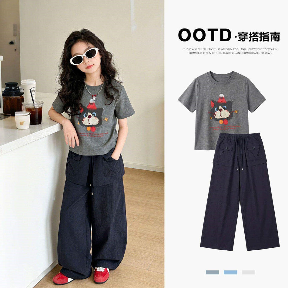 Girls Cat Print Summer Two-Piece Casual Cargo Pants Set