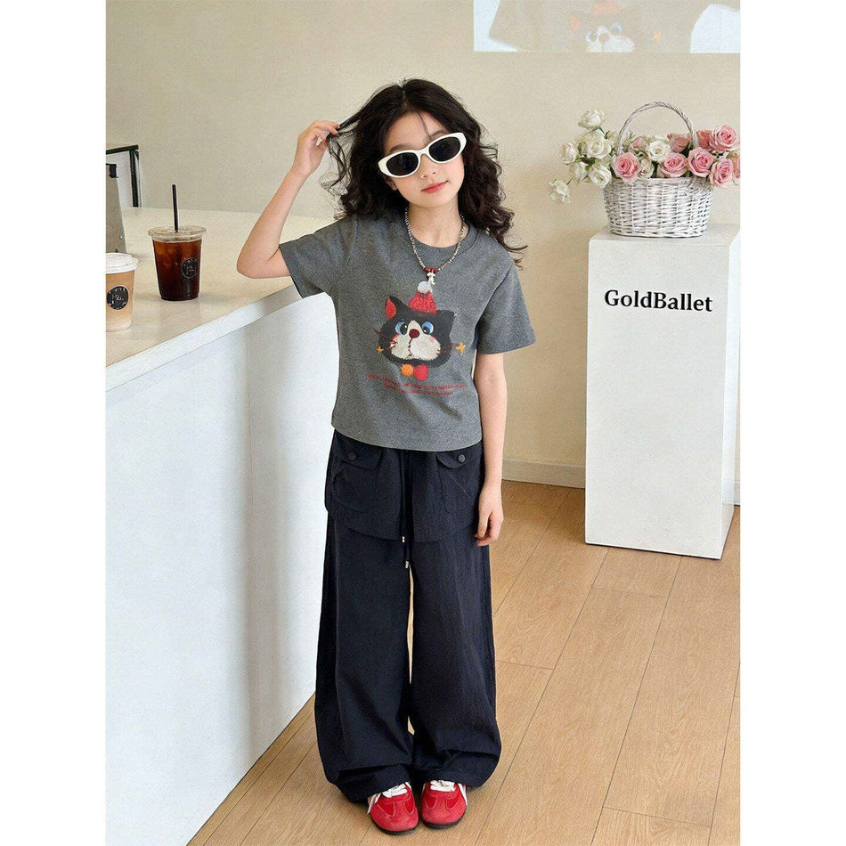 Girls Cat Print Summer Two-Piece Casual Cargo Pants Set