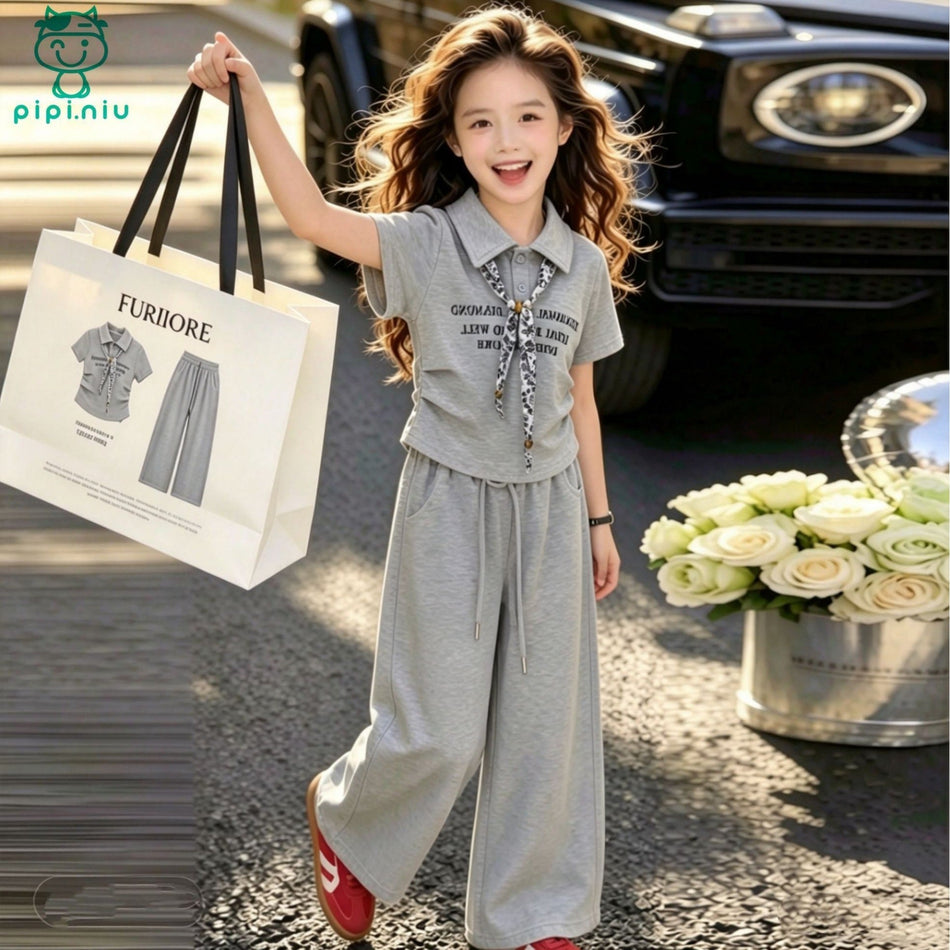 Girls Polo Collar Summer Two-Piece Cotton Pants Set