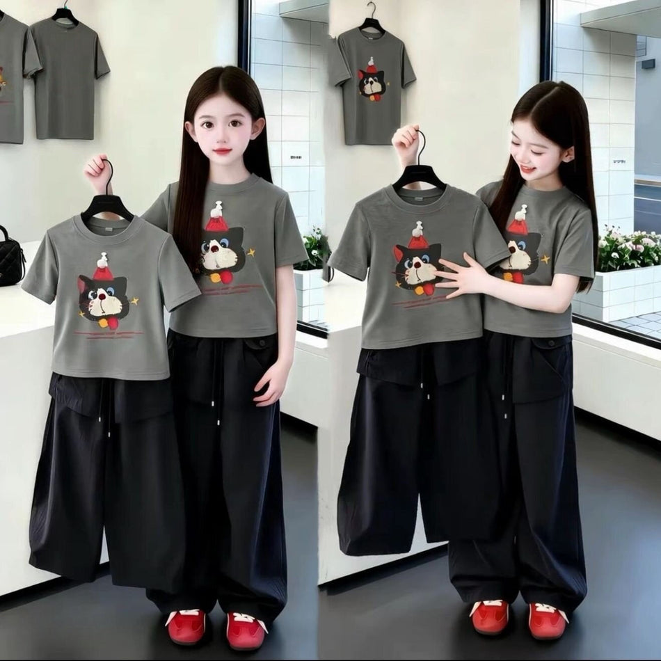 Girls Korean Style Cat Print Summer Two-Piece Cargo Set