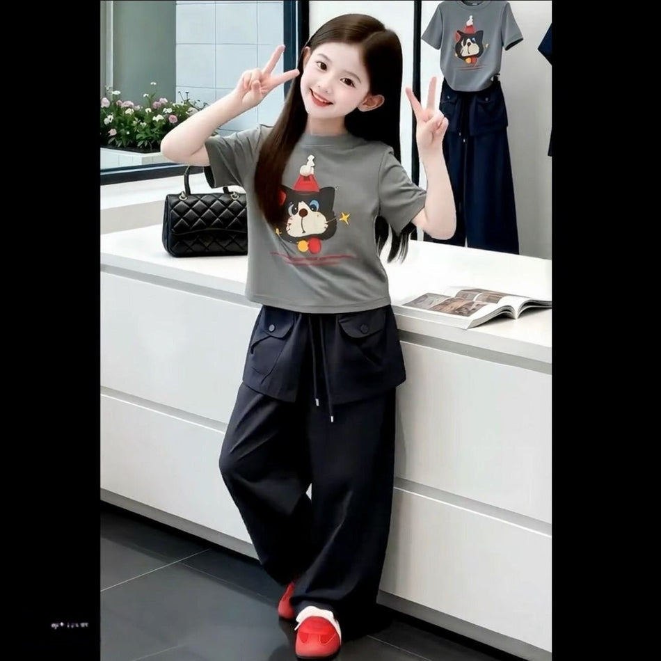 Girls Korean Style Cat Print Summer Two-Piece Cargo Set