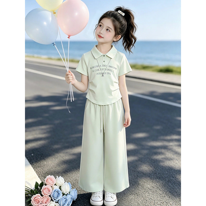 Girls Summer Polo Collar Wide-Leg Pants Two-Piece Set