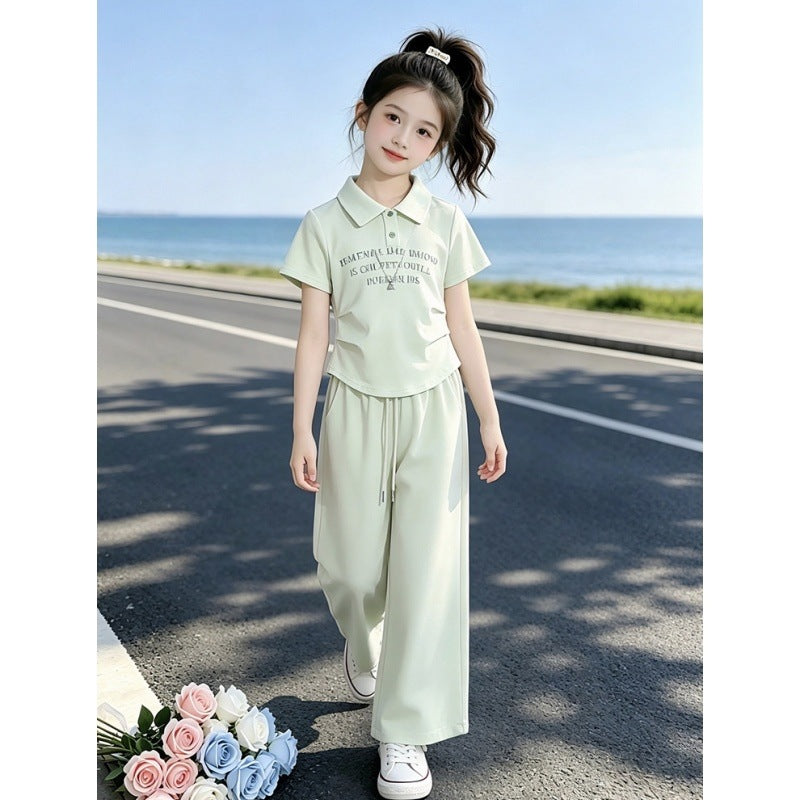 Girls Summer Polo Collar Wide-Leg Pants Two-Piece Set