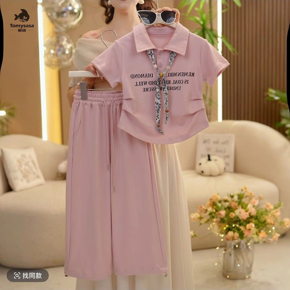 Girls Korean Style Letter Tie Summer Two-Piece Pants Set