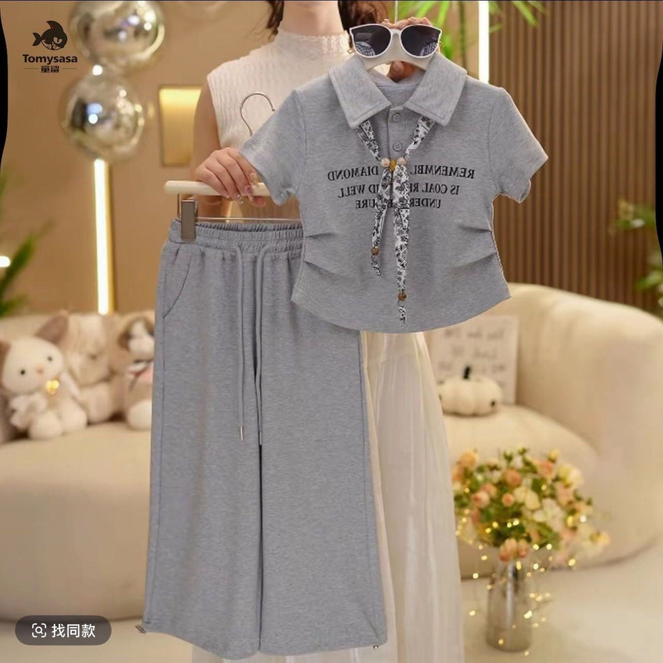 Girls Korean Style Letter Tie Summer Two-Piece Pants Set