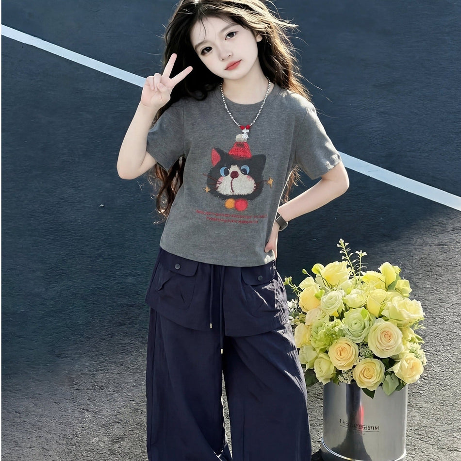 Girls Cat Print Summer Two-Piece Cargo Pants Set