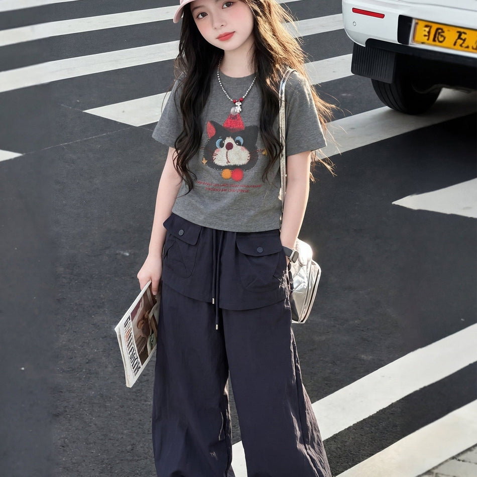 Girls Cat Print Summer Two-Piece Cargo Pants Set