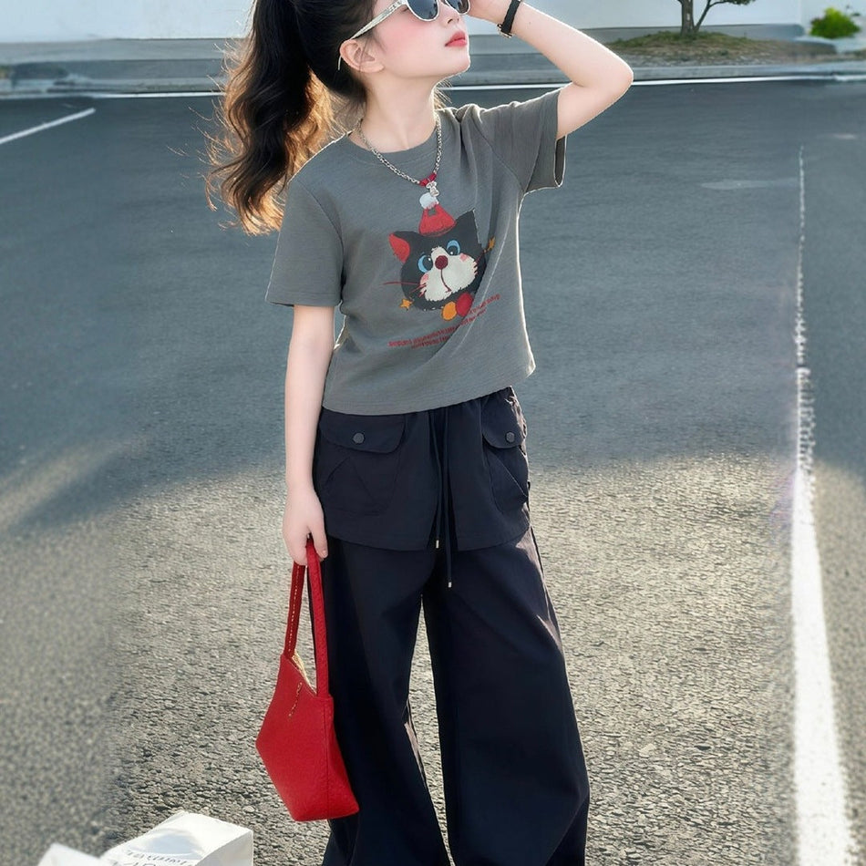 Girls Cat Print Summer Two-Piece Cargo Pants Set