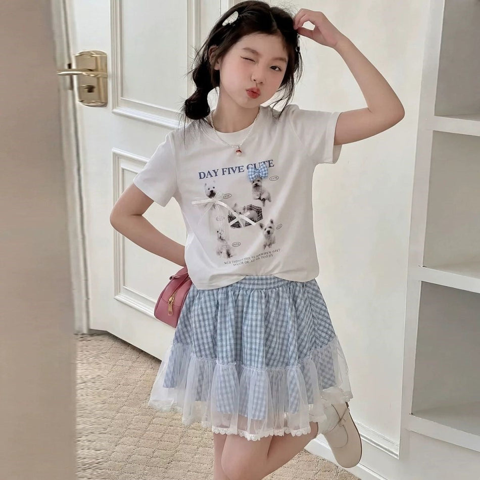 Girls Korean Style Cartoon Lace Plaid Skirt Set Two-Piece Outfit