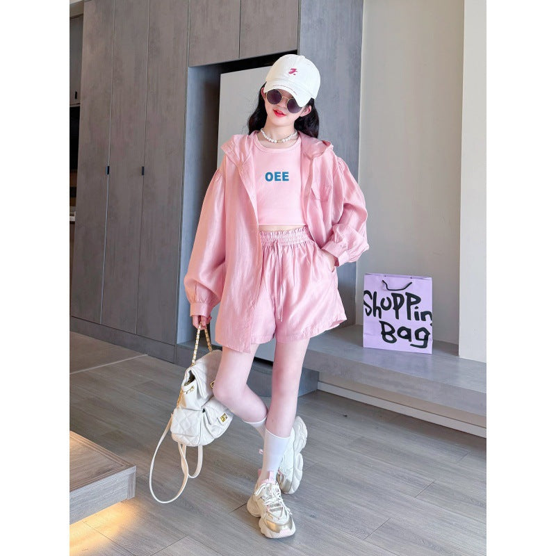 Girls Sun Protection Hooded Summer Two-Piece Shorts Set