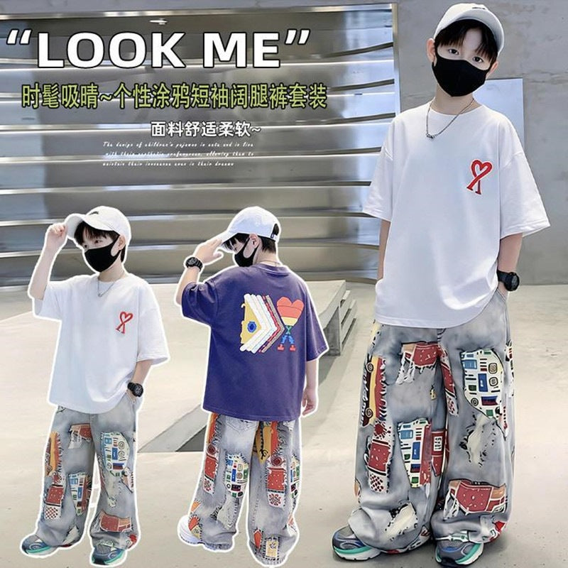 Boys Graffiti Heart Print Summer Two-Piece Casual Set