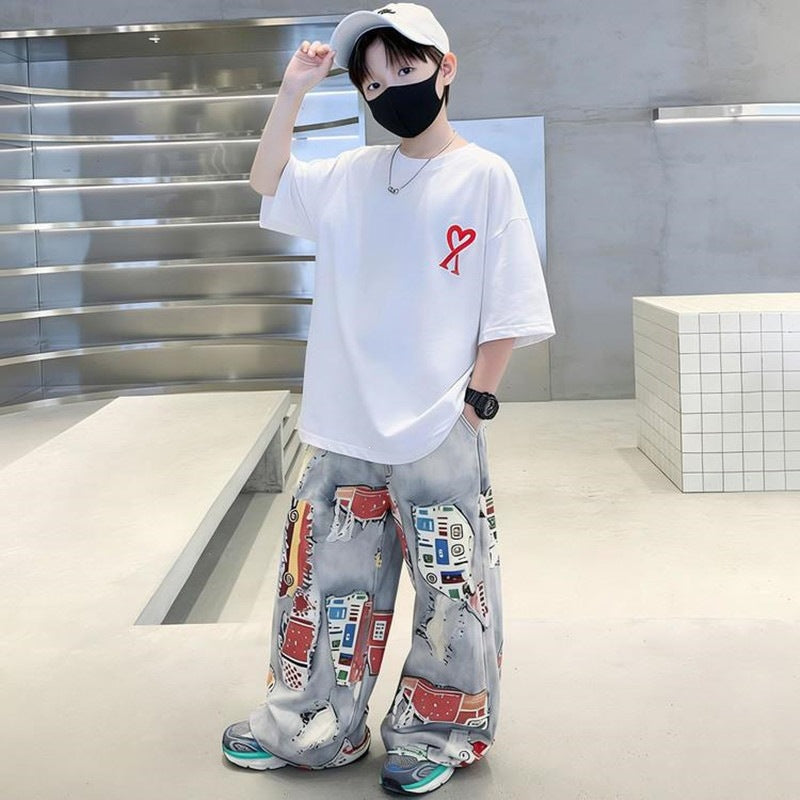 Boys Graffiti Heart Print Summer Two-Piece Casual Set