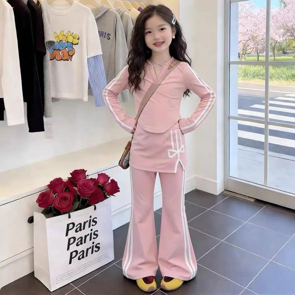 Girls Bowknot Slim Fit Flared Pants Two-Piece Outfit Set