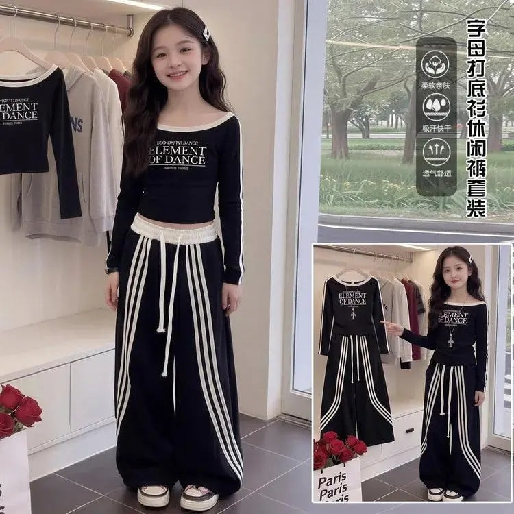 Girls Korean Style Plaid Wide-Leg Pants Two-Piece Set