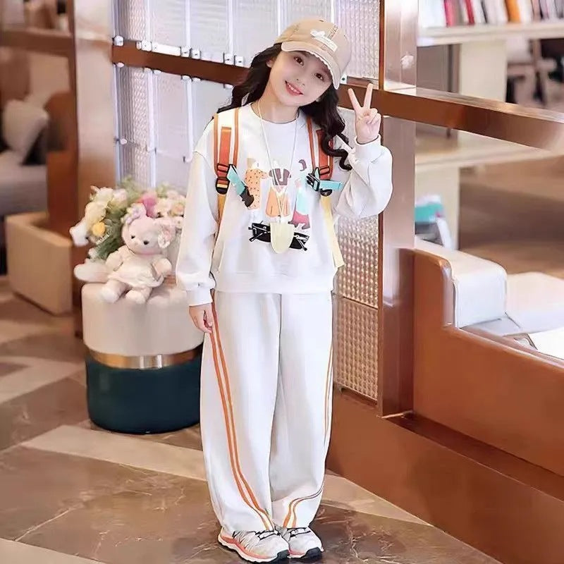 Girls Printed Sweatshirt Two-Piece Casual Sweatpants Set