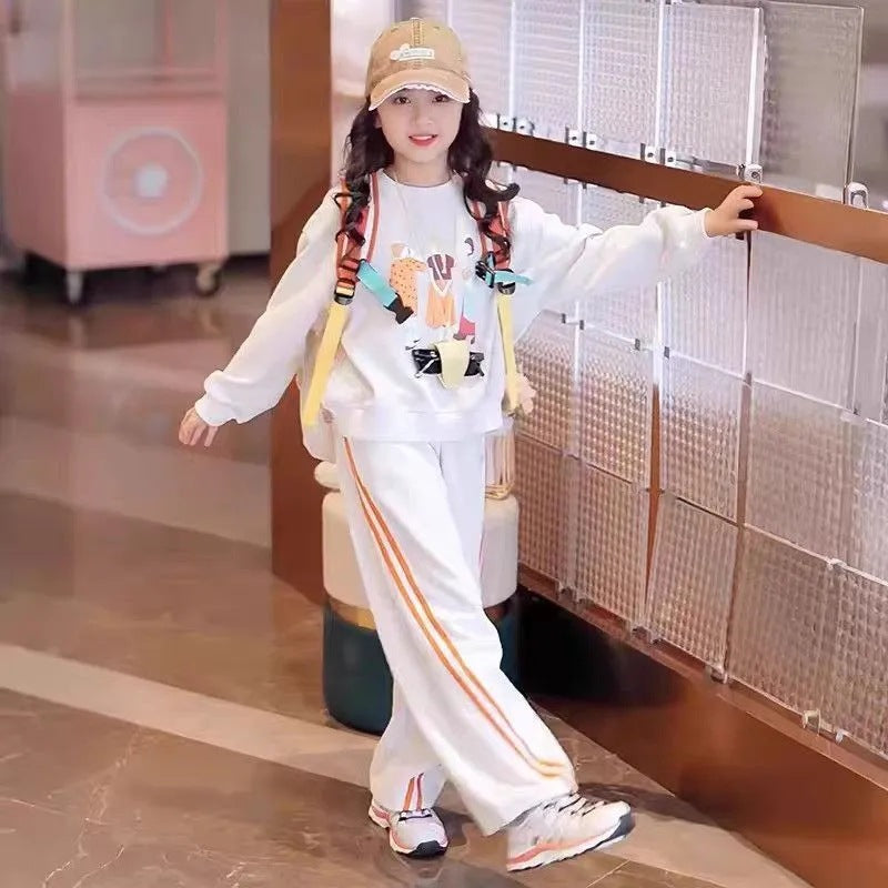 Girls Printed Sweatshirt Two-Piece Casual Sweatpants Set