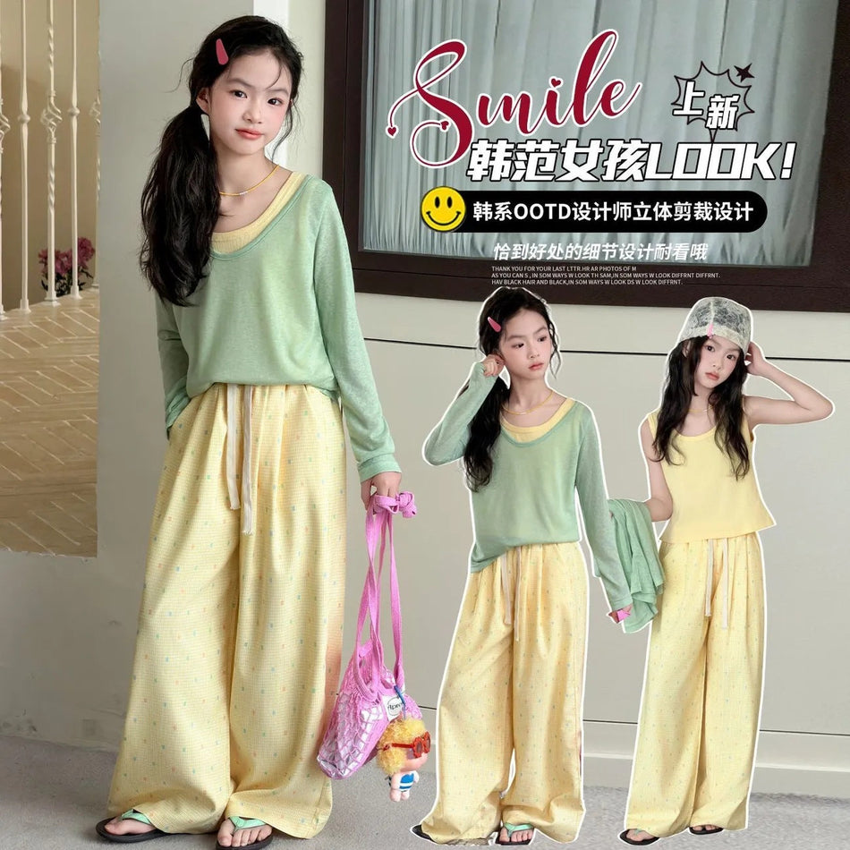 Girls Korean Style Three-Piece Casual Outfit Set for Older Kids