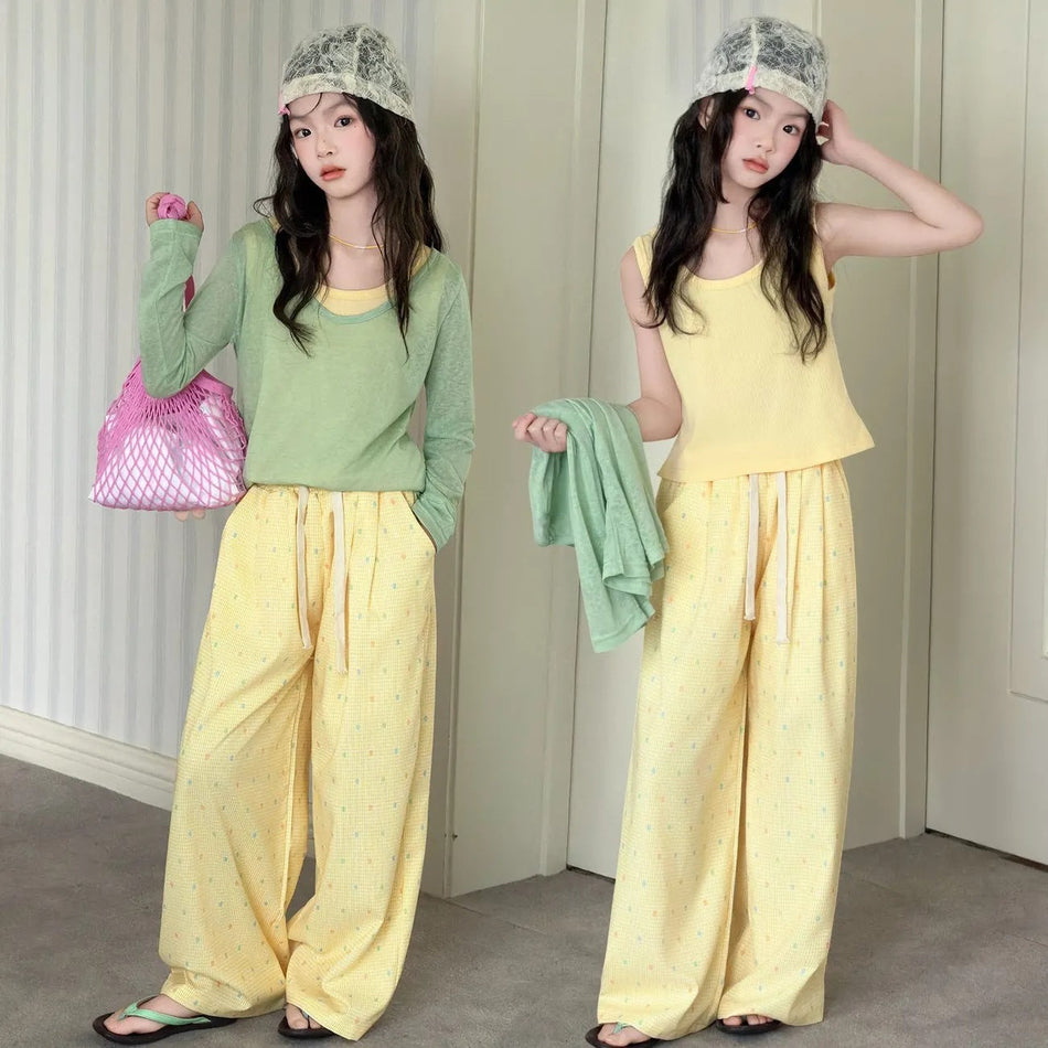 Girls Korean Style Three-Piece Casual Outfit Set for Older Kids