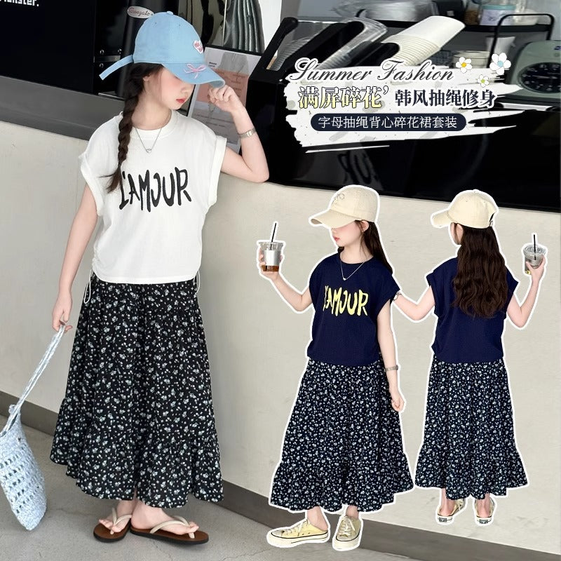 Girls Floral Sleeveless Skirt Set Summer Casual Two-Piece Outfit