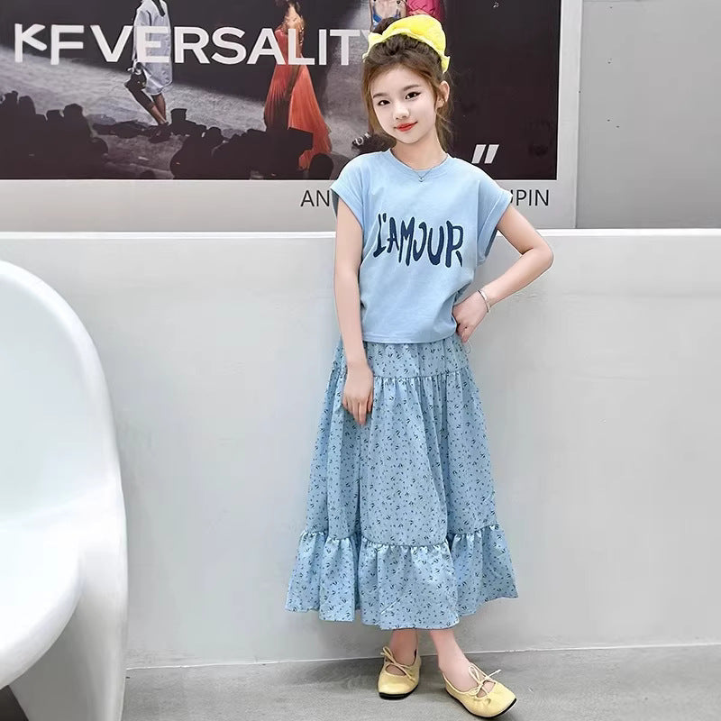Girls Floral Sleeveless Skirt Set Summer Western Style Two-Piece