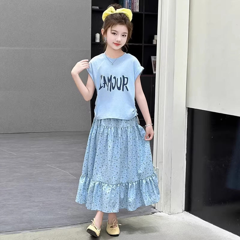Girls Floral Sleeveless Skirt Set Summer Western Style Two-Piece