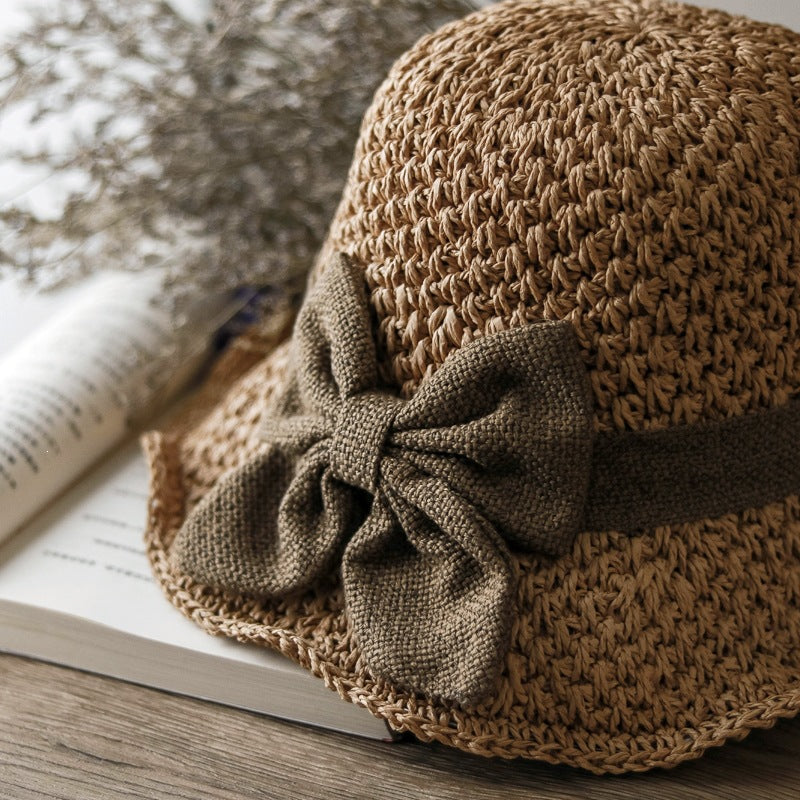 Women’s Handmade Straw Sun Hat with Bowknot Wide Brim