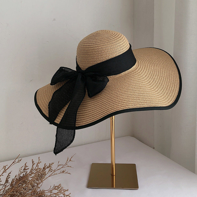 Women’s Wide Brim Straw Beach Hat with Bow Sunshade Design