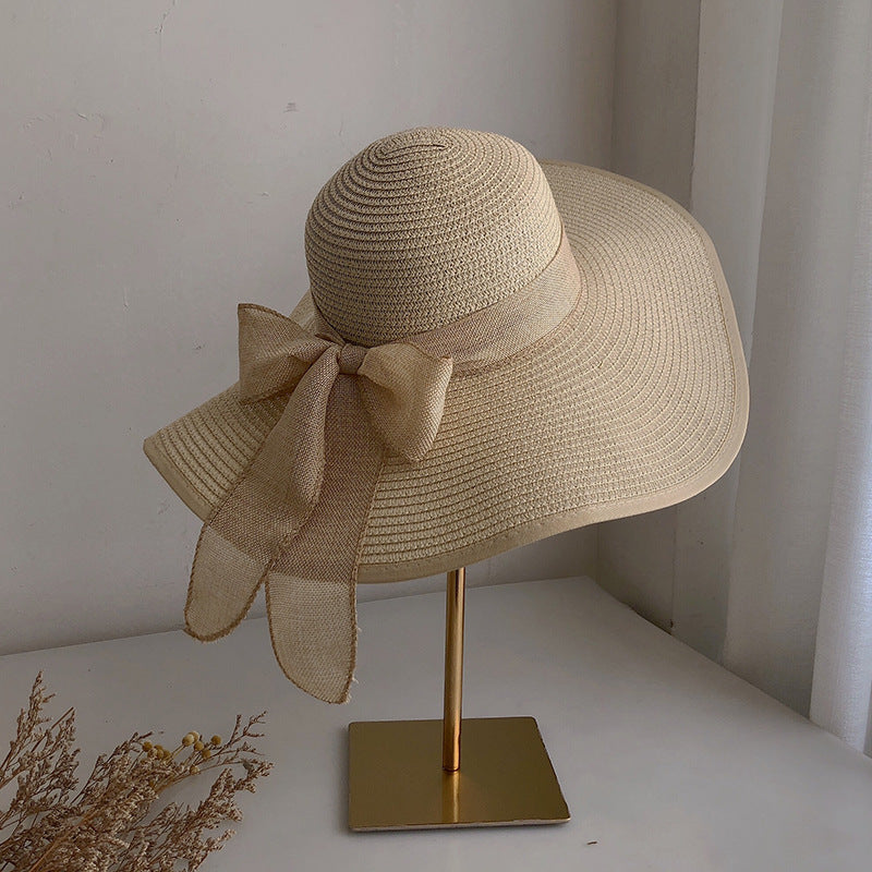 Women’s Wide Brim Straw Beach Hat with Bow Sunshade Design