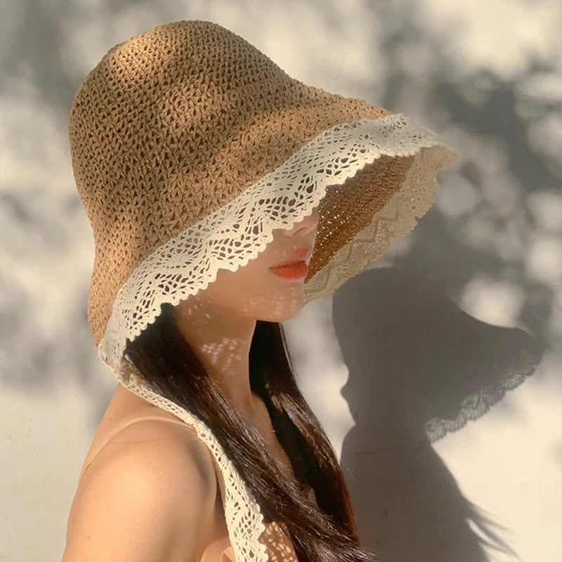 Women’s French Style Lace Straw Hat with Wide Brim Ribbon