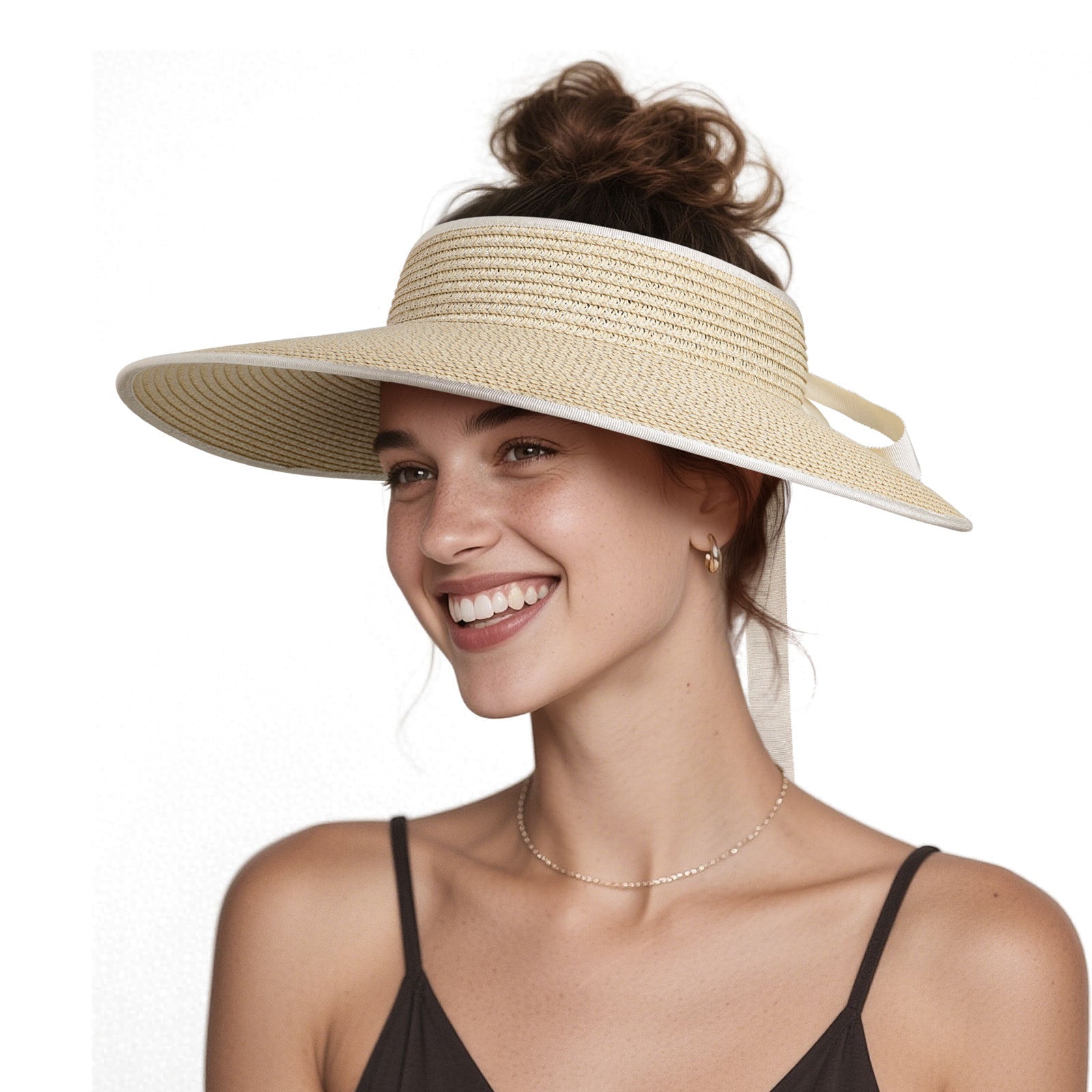 Women’s French Style Open-Top Straw Sun Hat with UV Shield